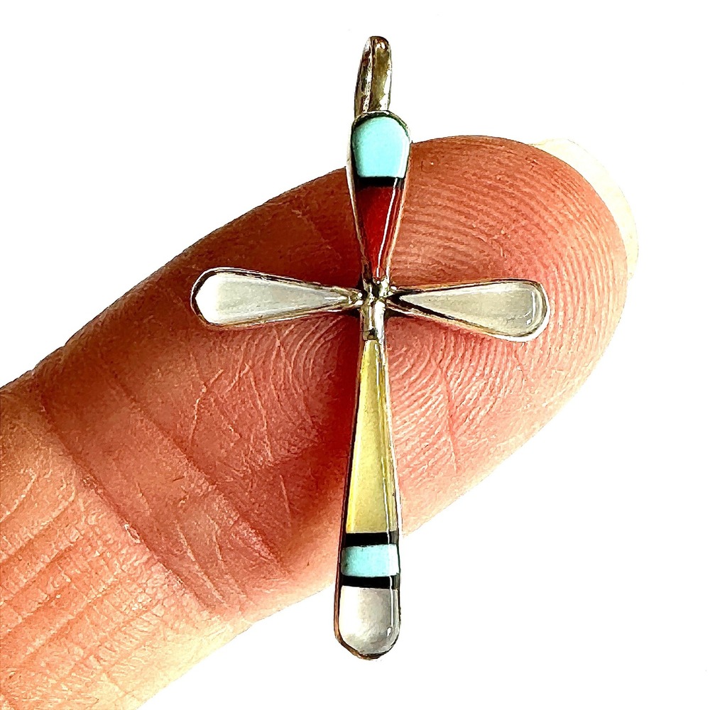 Native American Cross Pendant Zuni Turquoise Multi Stone Sterling Silver 1in